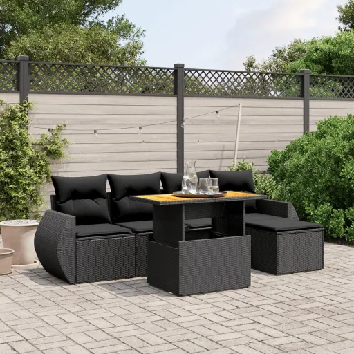 Conjunto Sofás de Jardim c/ Almofadões Vime PE Preto (6 pcs)
