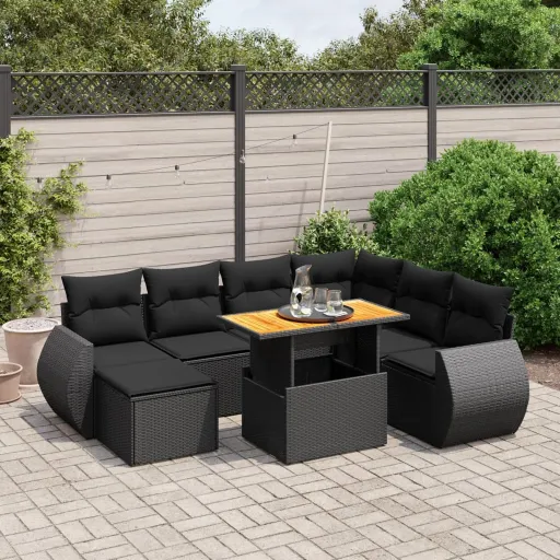 Conjunto Sofás de Jardim com Almofadões Vime PE Preto (8 pcs)
