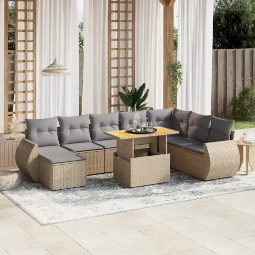 Conjunto de Sofás p/ Jardim com Almofadões Vime PE Bege (9 pcs)