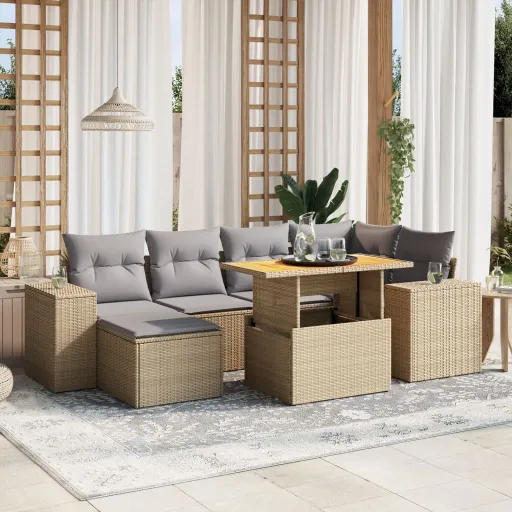 Conjunto de Sofás p/ Jardim com Almofadões Vime PE Bege (7 pcs)