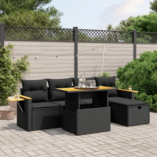 Conjunto Sofás de Jardim c/ Almofadões Vime PE Preto (6 pcs)