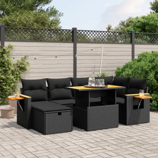 Conjunto de Sofás p/ Jardim c/ Almofadões Vime PE Preto (7 pcs)