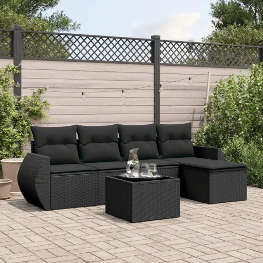 Conjunto Sofás de Jardim c/ Almofadões Vime PE Preto (6 pcs)