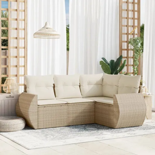 Conjunto de Sofás para Jardim c/ Almofadões Vime PE Bege (4 pcs)