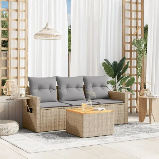 Conjunto de Sofás para Jardim c/ Almofadões Vime PE Bege (4 pcs)