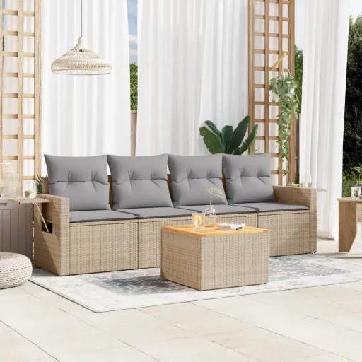 Conjunto de Sofás p/ Jardim com Almofadões Vime PE Bege (5 pcs)