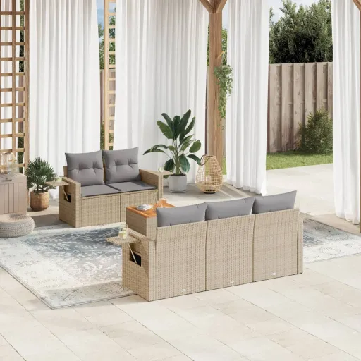 Conjunto de Sofás p/ Jardim com Almofadões Vime PE Bege (6 pcs)