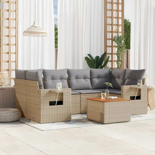 Conjunto de Sofás p/ Jardim com Almofadões Vime PE Bege (7 pcs)