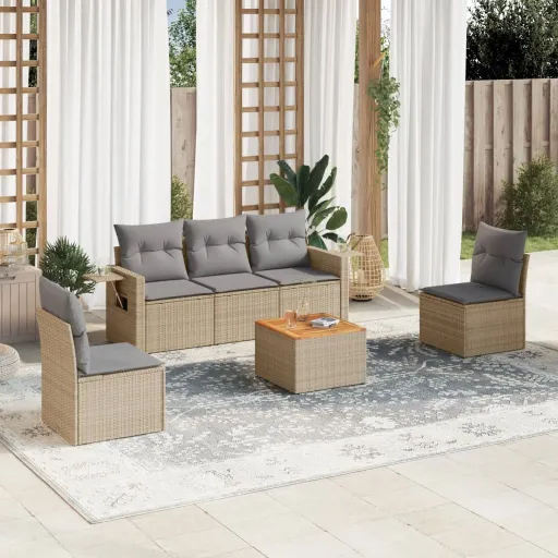 Conjunto de Sofás p/ Jardim com Almofadões Vime PE Bege (6 pcs)