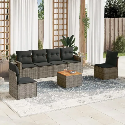 Conjunto Sofás p/ Jardim c/ Almofadões Vime PE Cinzento (7 pcs)