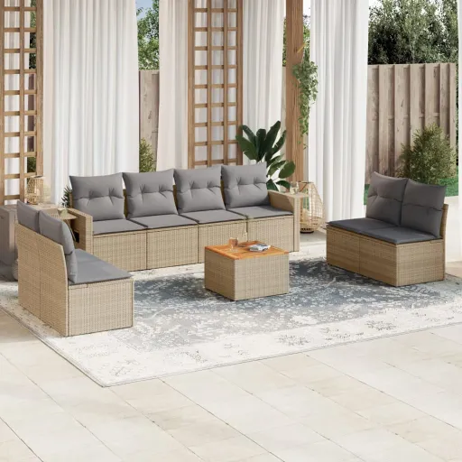 Conjunto de Sofás p/ Jardim com Almofadões Vime PE Bege (9 pcs)