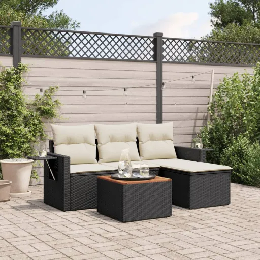 Conjunto Sofás de Jardim com Almofadões Vime PE Preto (5 pcs)