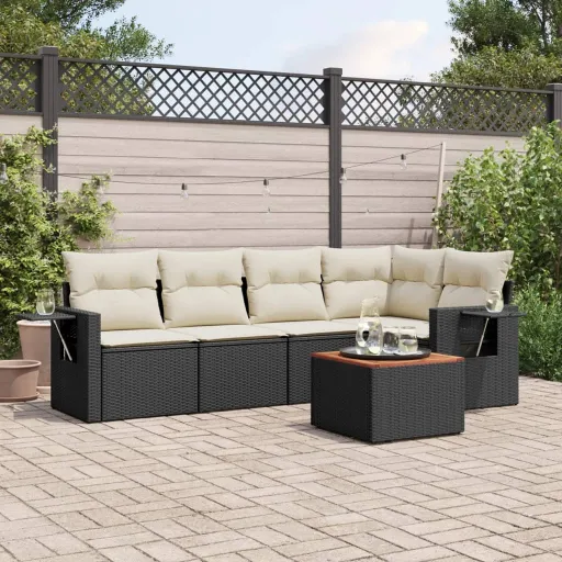 Conjunto Sofás de Jardim c/ Almofadões Vime PE Preto (6 pcs)