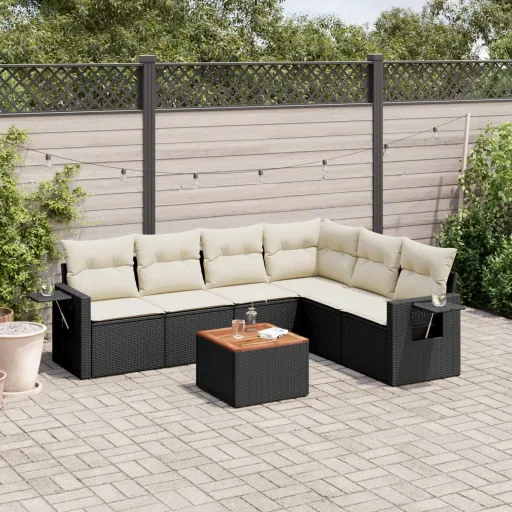 Conjunto de Sofás p/ Jardim c/ Almofadões Vime PE Preto (7 pcs)