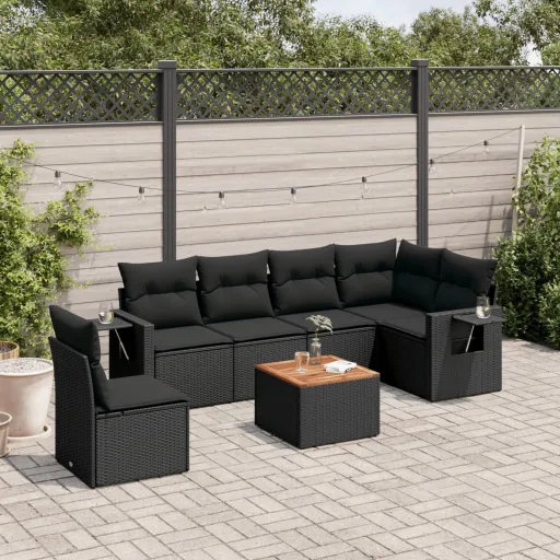 Conjunto de Sofás p/ Jardim c/ Almofadões Vime PE Preto (7 pcs)