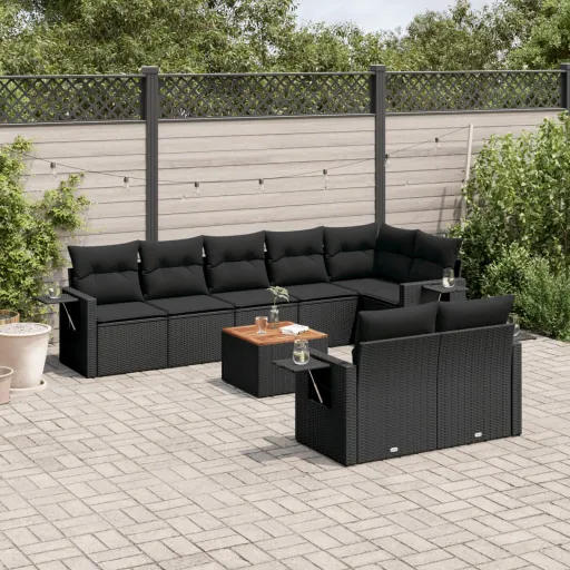 Conjunto de Sofás p/ Jardim c/ Almofadões Vime PE Preto (9 pcs)
