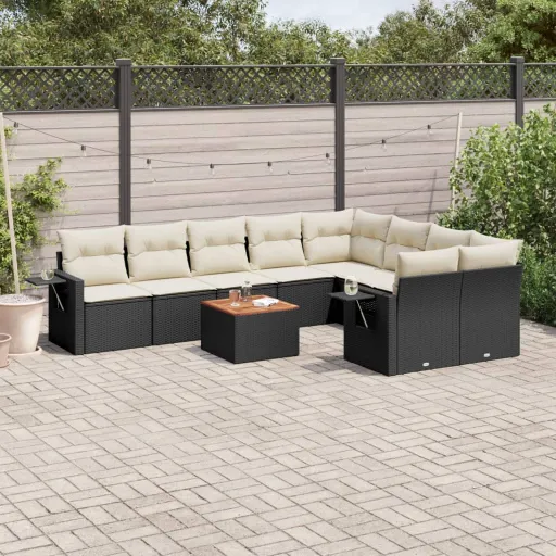 Conjunto Sofás de Jardim c/ Almofadões Vime PE Preto (10 pcs)