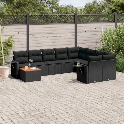 Conjunto Sofás de Jardim c/ Almofadões Vime PE Preto (10 pcs)