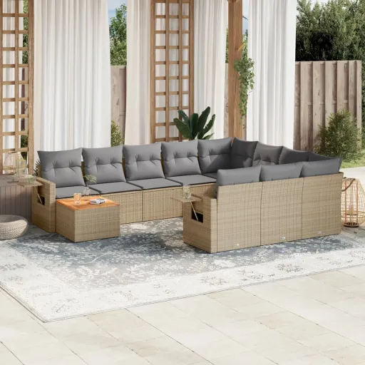Conjunto Sofás de Jardim c/ Almofadões Vime PE Bege (11 pcs)