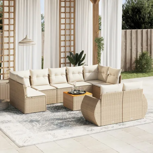 Conjunto de Sofás p/ Jardim com Almofadões Vime PE Bege (10 pcs)