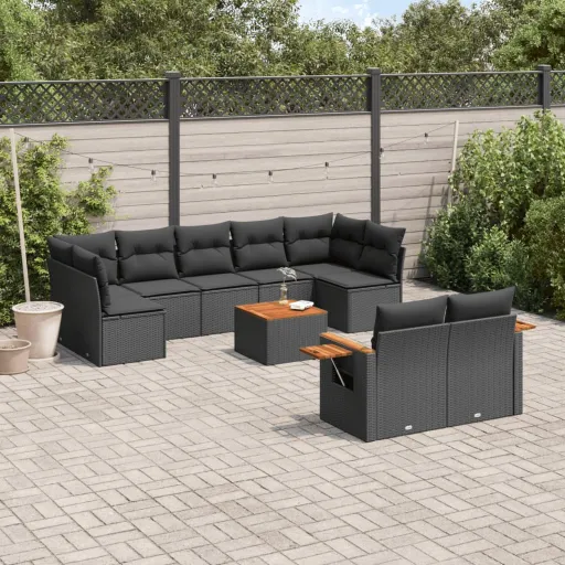Conjunto Sofás de Jardim c/ Almofadões Vime PE Preto (10 pcs)