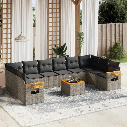 Conjunto Sofás de Jardim c/ Almofadões Vime PE Cinzento (11 pcs)