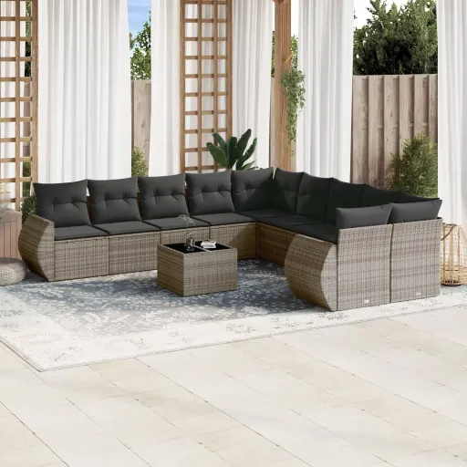Conjunto Sofás de Jardim c/ Almofadões Vime PE Cinzento (11 pcs)