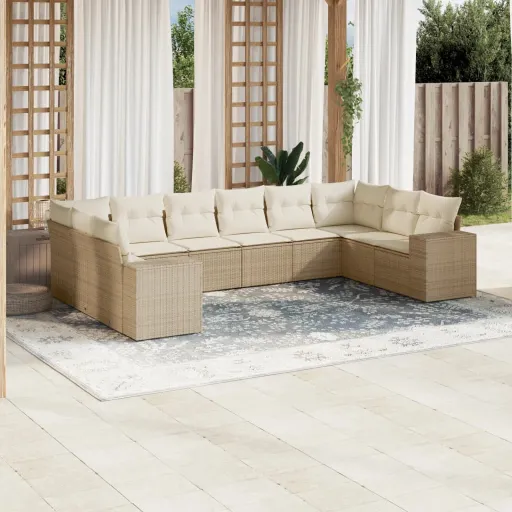 Conjunto de Sofás p/ Jardim com Almofadões Vime PE Bege (10 pcs)