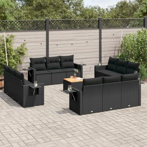 Conjunto de Sofás de Jardim com Almofadões Vime PE Preto (13 pcs)