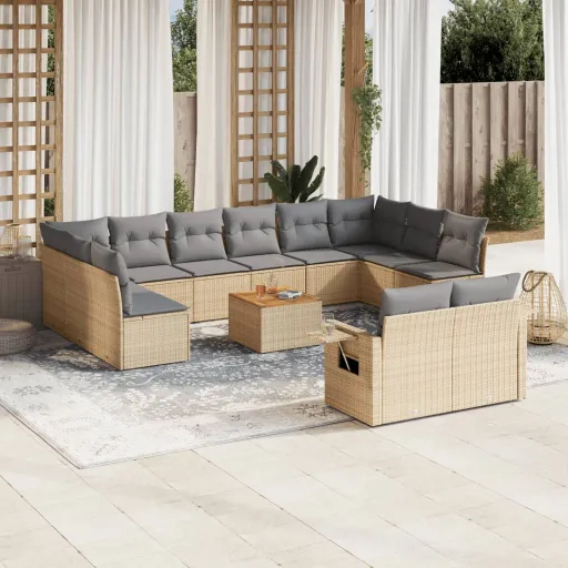 Conjunto de Sofás p/ Jardim com Almofadões Vime PE Bege (13 pcs)