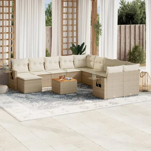Conjunto de Sofás p/ Jardim com Almofadões Vime PE Bege (12 pcs)