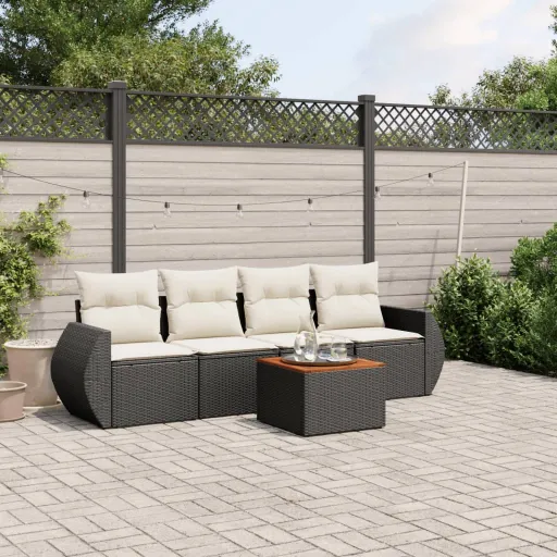 Conjunto Sofás de Jardim com Almofadões Vime PE Preto (5 pcs)