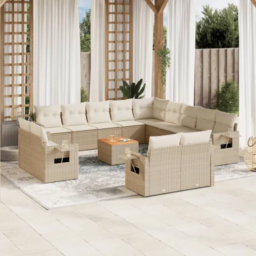 Conjunto de Sofás p/ Jardim com Almofadões Vime PE Bege (14 pcs)