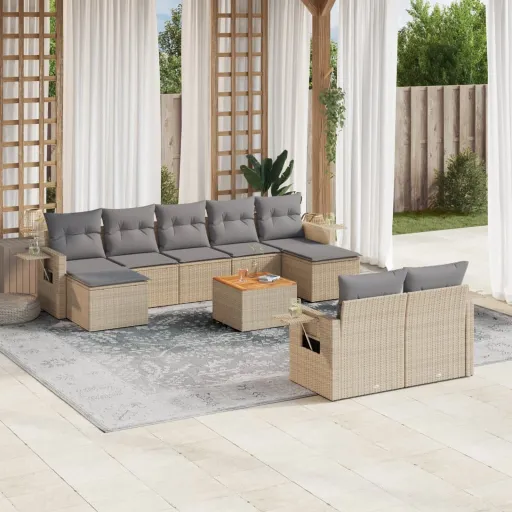 Conjunto de Sofás p/ Jardim com Almofadões Vime PE Bege (10 pcs)