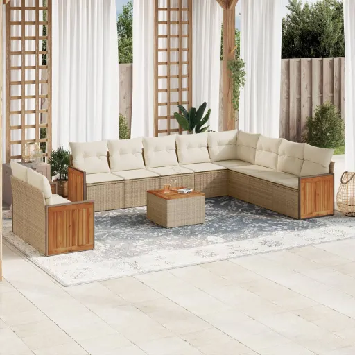 Conjunto Sofás de Jardim c/ Almofadões Vime PE Bege (11 pcs)
