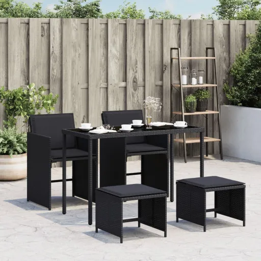 Conjunto de Jantar p/ Jardim c/ Almofadões Vime PE Preto (5 pcs)