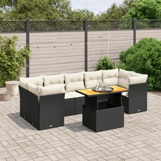 Conjunto Sofás de Jardim com Almofadões Vime PE Preto (8 pcs)