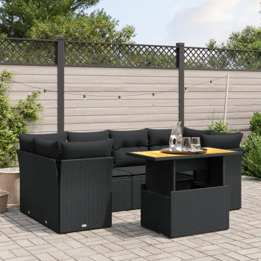 Conjunto de Sofás p/ Jardim c/ Almofadões Vime PE Preto (7 pcs)