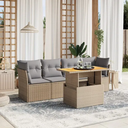 Conjunto de Sofás p/ Jardim com Almofadões Vime PE Bege (5 pcs)