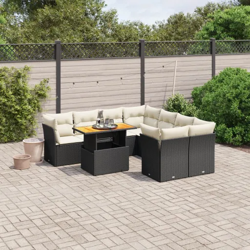 Conjunto de Sofás p/ Jardim c/ Almofadões Vime PE Preto (9 pcs)