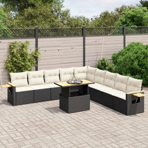 Conjunto Sofás de Jardim c/ Almofadões Vime PE Preto (11 pcs)