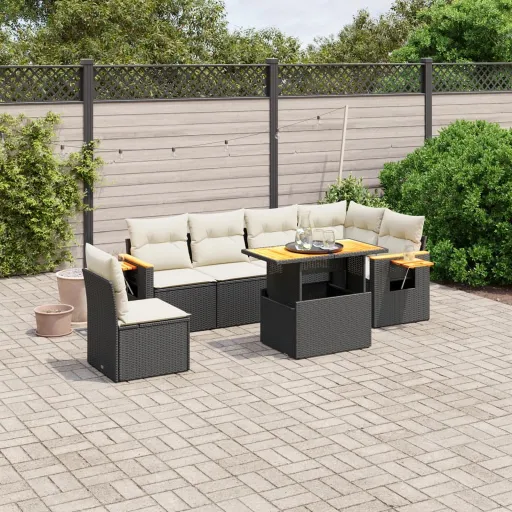 Conjunto de Sofás p/ Jardim c/ Almofadões Vime PE Preto (7 pcs)
