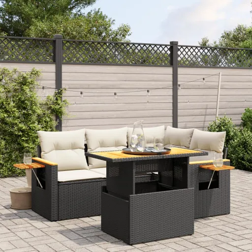 Conjunto Sofás de Jardim com Almofadões Vime PE Preto (5 pcs)