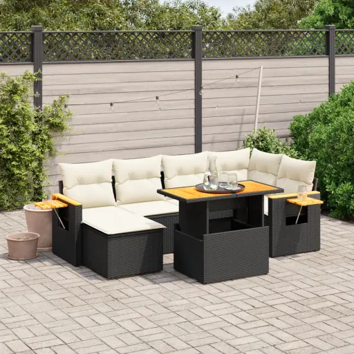 Conjunto de Sofás p/ Jardim c/ Almofadões Vime PE Preto (7 pcs)