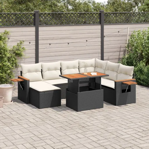 Conjunto Sofás de Jardim com Almofadões Vime PE Preto (8 pcs)