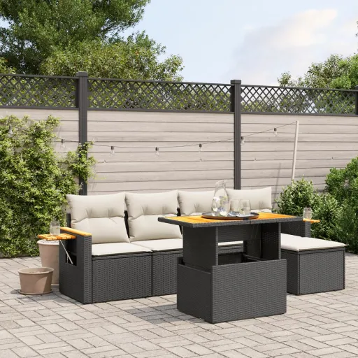 Conjunto Sofás de Jardim c/ Almofadões Vime PE Preto (6 pcs)