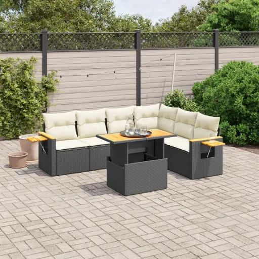 Conjunto de Sofás p/ Jardim c/ Almofadões Vime PE Preto (7 pcs)