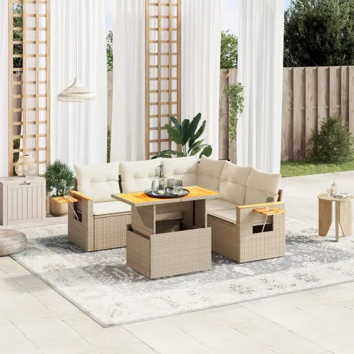 Conjunto de Sofás p/ Jardim com Almofadões Vime PE Bege (6 pcs)