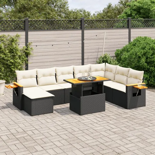 Conjunto de Sofás p/ Jardim c/ Almofadões Vime PE Preto (9 pcs)