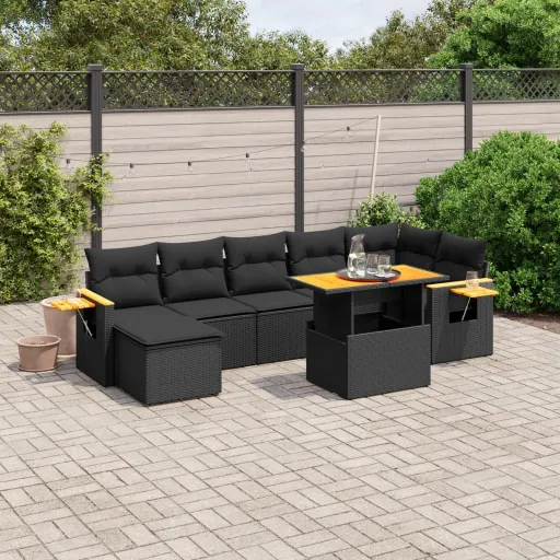 Conjunto Sofás de Jardim com Almofadões Vime PE Preto (8 pcs)